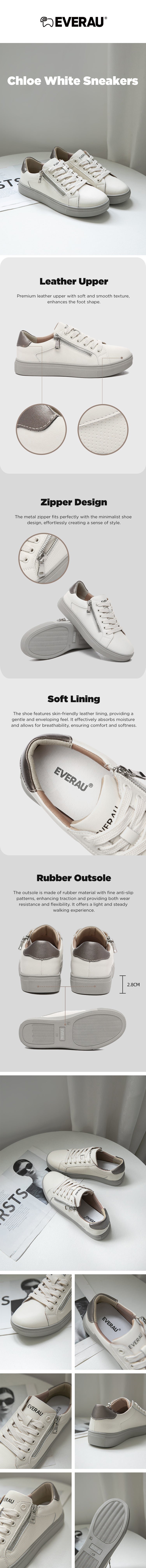 EVERAU® Women Leather Zip Decor Low-top White Sneakers Chloe插图