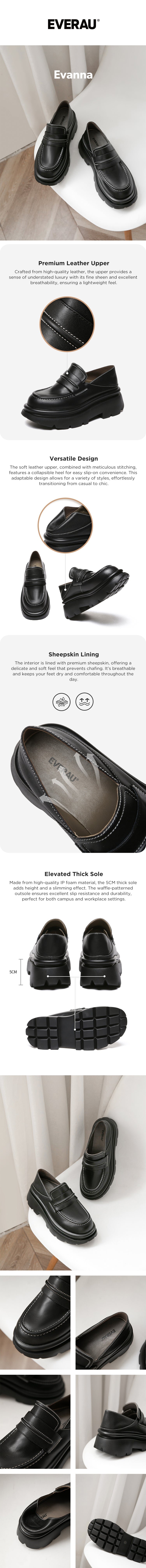EVERAU® Women Leather Black Platform Chunky Loafers Evanna插图