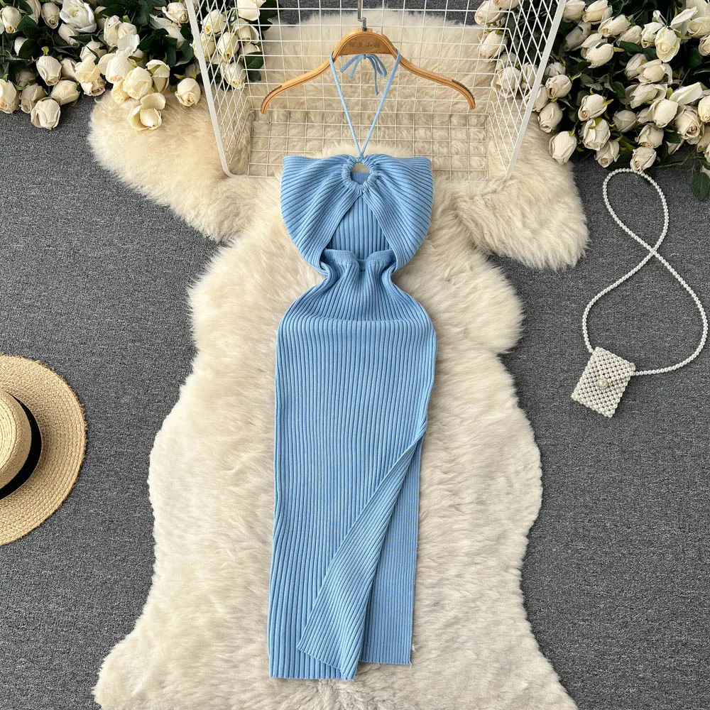 YuooMuoo Chic Fashion Sexy Package Hips Split Knitted Summer Dress 2025 Women Slim Elastic Bodycon Party Dress Streetwear Outfit插图6