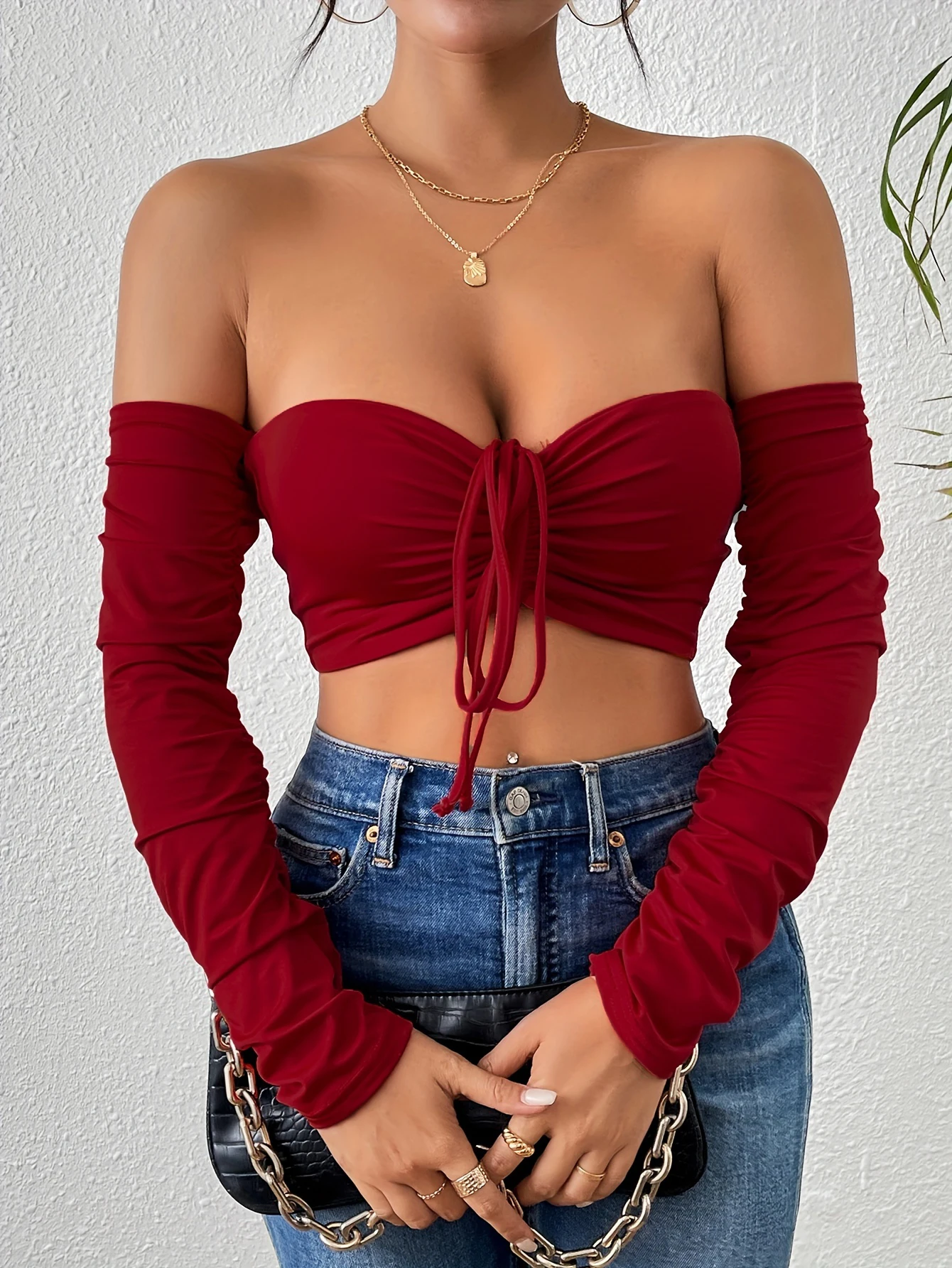 Sexy Ruched Crop T-Shirt – Off Shoulder, Long Sleeve, Drawstring Front, Flattering Fit, Clubwear, Night Out, Womens Fashion Clot插图8