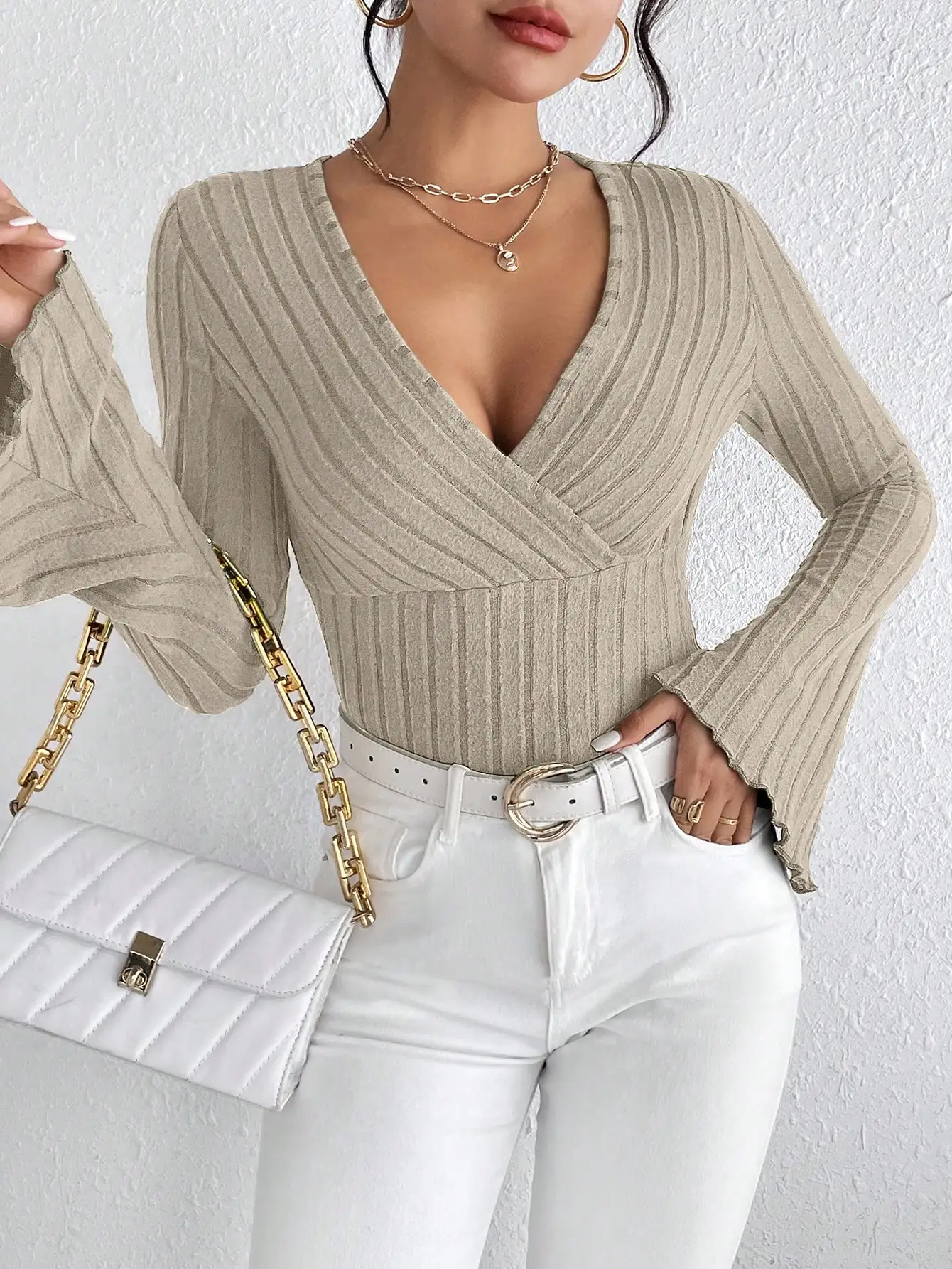 Women’s Fall and Winter Long-sleeved Tops, V-neck Sexy Slim Striped Women’s Tops, Long-sleeved T-shirt Knitted Bottoming Shirt插图10