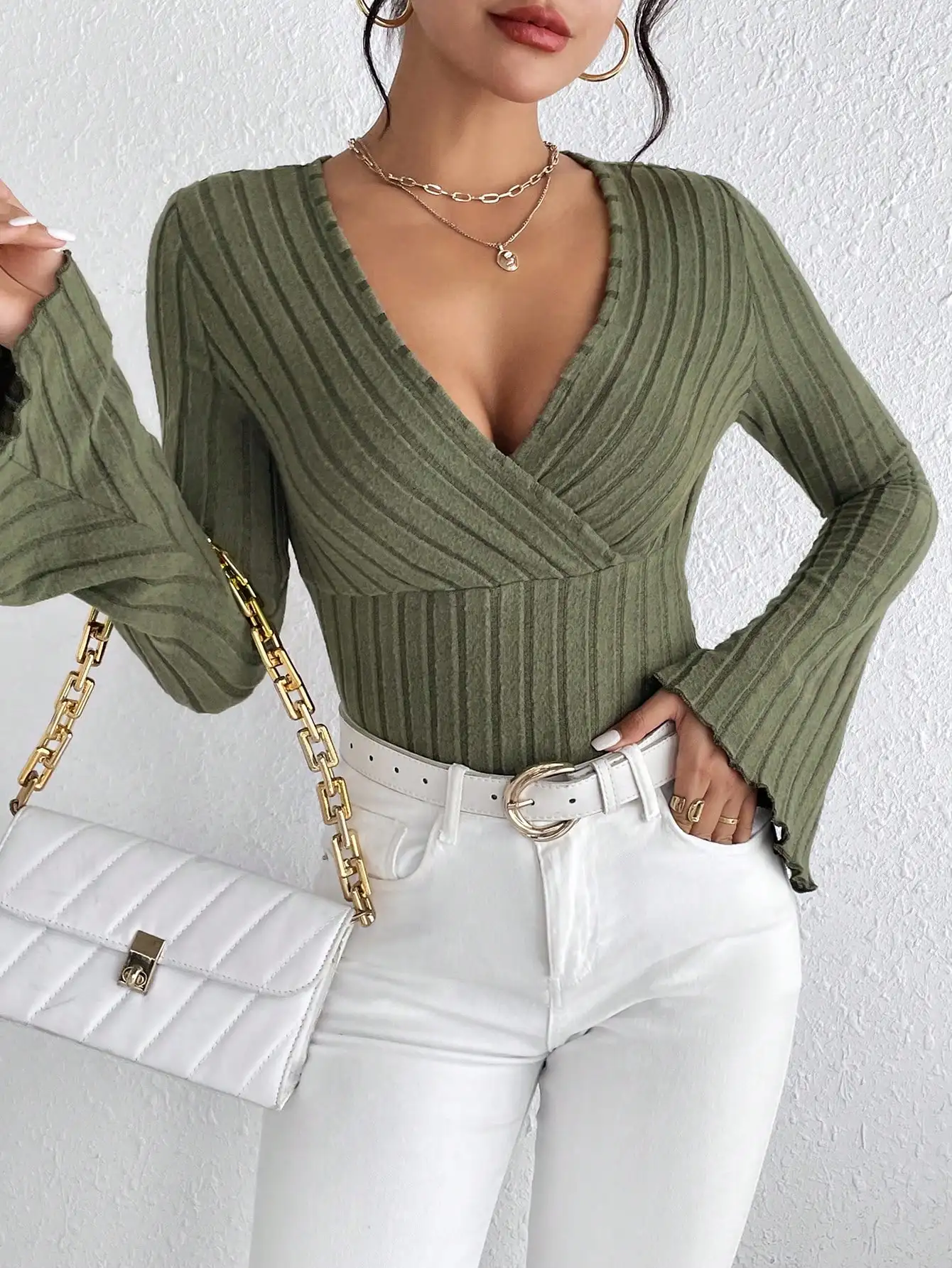 Women’s Fall and Winter Long-sleeved Tops, V-neck Sexy Slim Striped Women’s Tops, Long-sleeved T-shirt Knitted Bottoming Shirt插图14