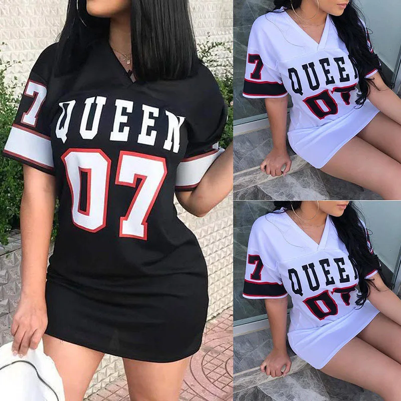 2025 New Fashion V-Neck Queen Letters Print Dress Short Sleeve Basketball Sporty Style Sexy Loose Female Clothing Streetwear插图3