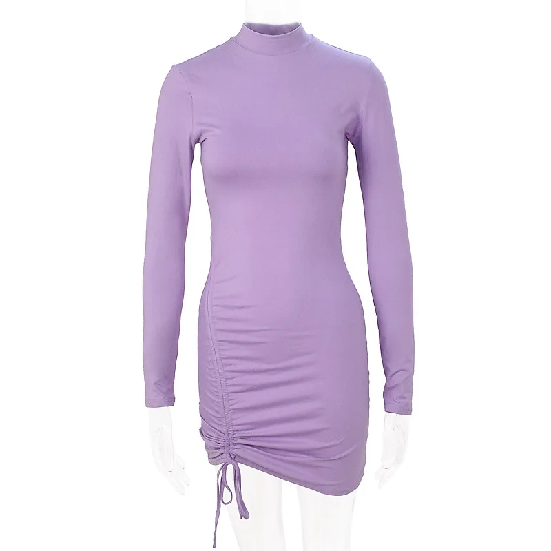 Elegant Lace Up Dress Solid Pleated Slim Fit Party Bodycon Female Sexy Mini Dresses Purple Black Vestidos插图5