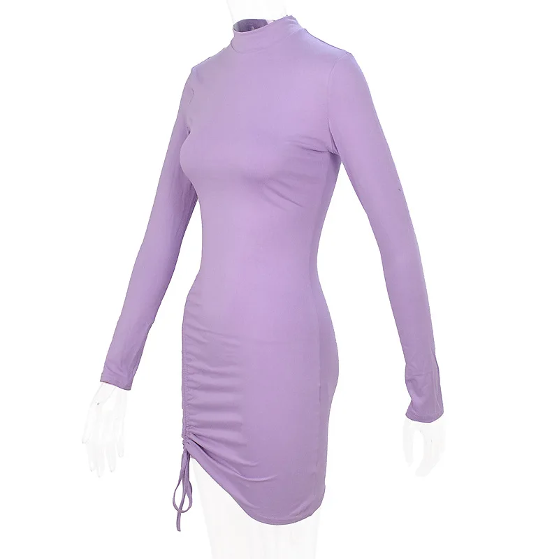 Elegant Lace Up Dress Solid Pleated Slim Fit Party Bodycon Female Sexy Mini Dresses Purple Black Vestidos插图6