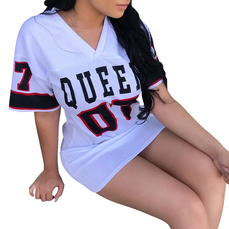 2025 New Fashion V-Neck Queen Letters Print Dress Short Sleeve Basketball Sporty Style Sexy Loose Female Clothing Streetwear插图6