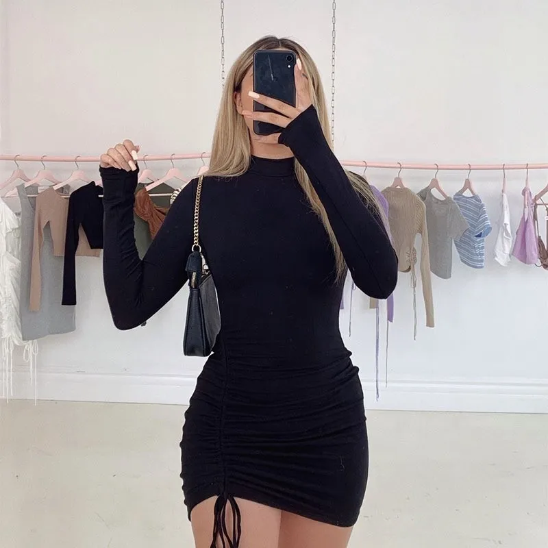 Elegant Lace Up Dress Solid Pleated Slim Fit Party Bodycon Female Sexy Mini Dresses Purple Black Vestidos插图3