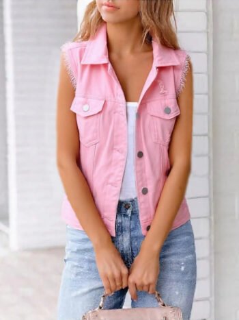 Sleeveless Frayed Denim Vest Jacket Plus Size