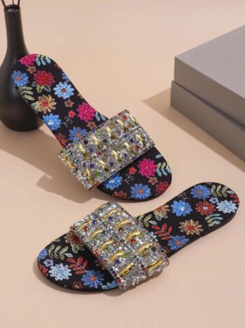 Floral Print Rhinestone Decorated Sandals