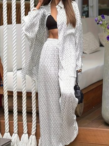 Diamond Pattern Long Sleeve Top and Pants Two-Piece Set