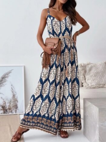Paisley Print Spaghetti Strap Wide Leg Jumpsuit