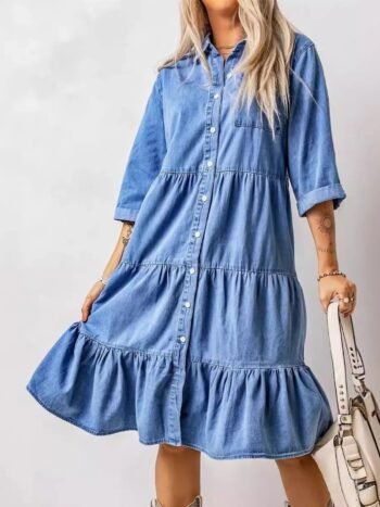 Ruffled Hem Button Up Denim Midi Dress Plus Size