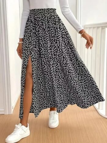 Floral Split Elastic Waist Maxi Skirt