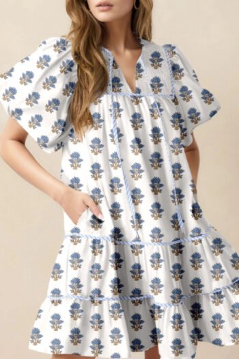 Floral Puff Sleeve Mini Dress with Pockets