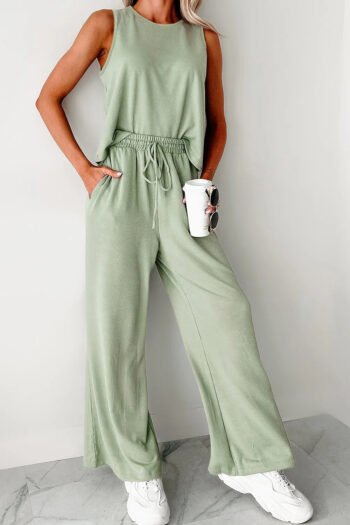 Round Neck Tank Top and High Waist Pants Set