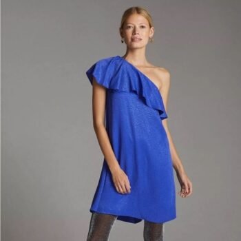 Anthropologie Women's Royal Blue Leopard Ruffled One-Shoulder Mini Dress Size 2