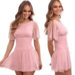 Lucy in the Sky Shimmer Fit & Flare Mini Dress Flutter Sleeve Iridescent Pink L