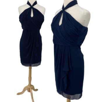 Badgley Mischka Dress Pleated Y Neck Halter Drape Front Mini Navy Blue Womens 4