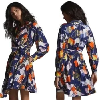Anthropologie Maeve Nautical Print Shirtdress Fit & Flare Tie Waist Womens XS