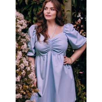 Eloquii Elements Blue Chambray Denim Puff Sleeve Tie Neck Mini Dress Size 16