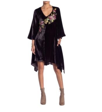 Aratta Silent Journey Purple Crushed Velvet Bell Sleeve Dress Size Small